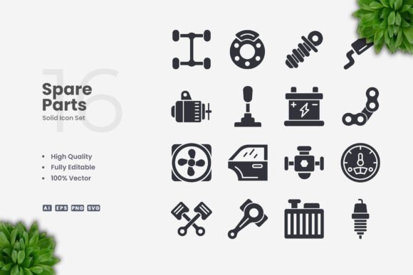 Spare Parts Solid Icons: A Simple Graphic Design Asset for Commercial Use